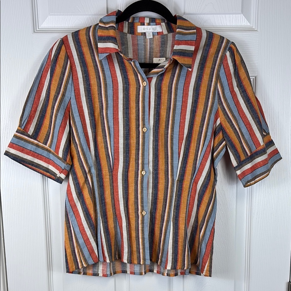 NWT Anthropologie Eri + Ali striped puff sleeve linen blend top sz med